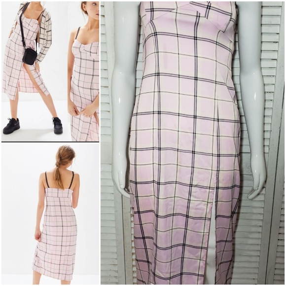 Urban Outfitters Size Small Pink Plaid Cher Satin Midi Dress W/ Slit Casual SP. - Picture 1 of 1